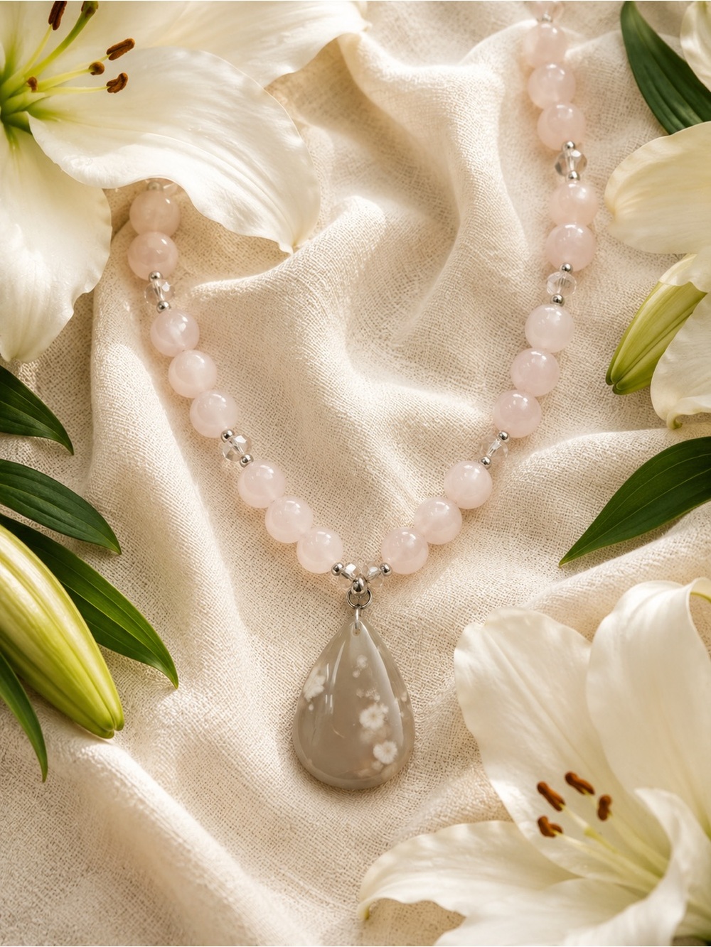 🆕😍Rose Quartz and Flower Agate Necklace with Teardrop Pendant - Pink